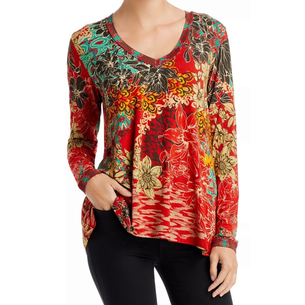 Johnny Was Top Womens XS Red ikat Patch Floral Geometric Bamboo Boho Artsy Vacay